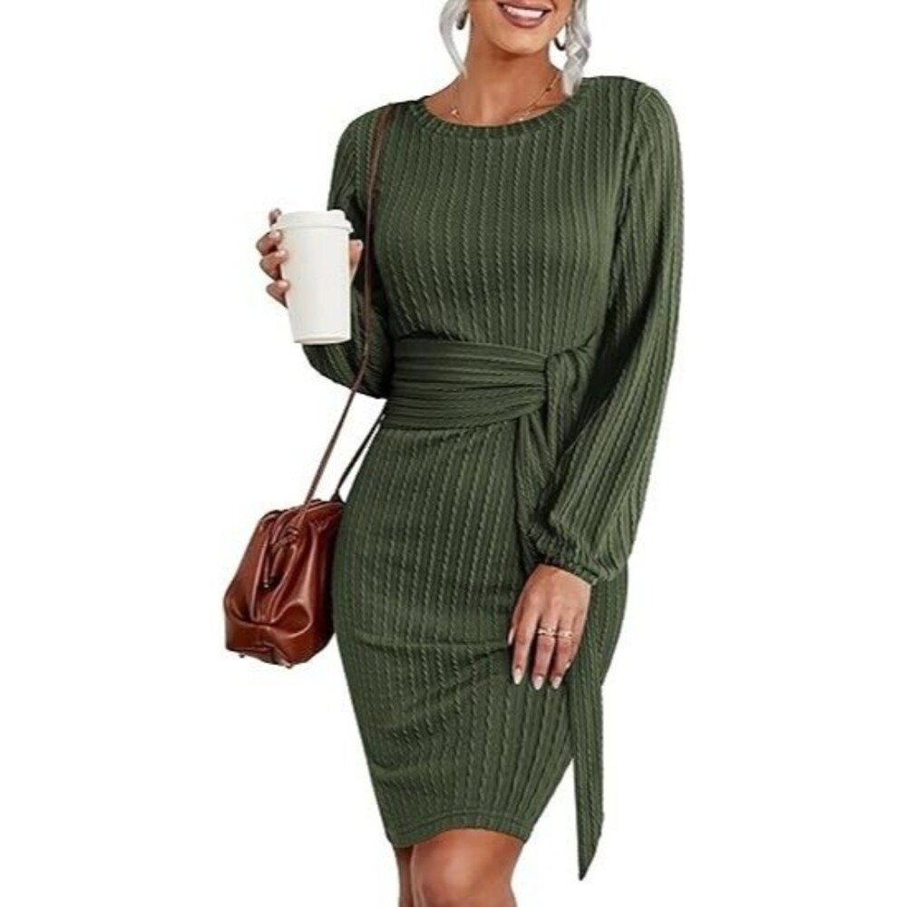 Women's Bodycon Sweater Dress LARGE Knit Army Green Crewneck Tie Waisted